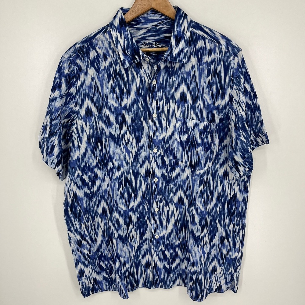 Tasso Elba Mens XL Blue White Ikat Print 100% Linen Short Sleeve Button Down